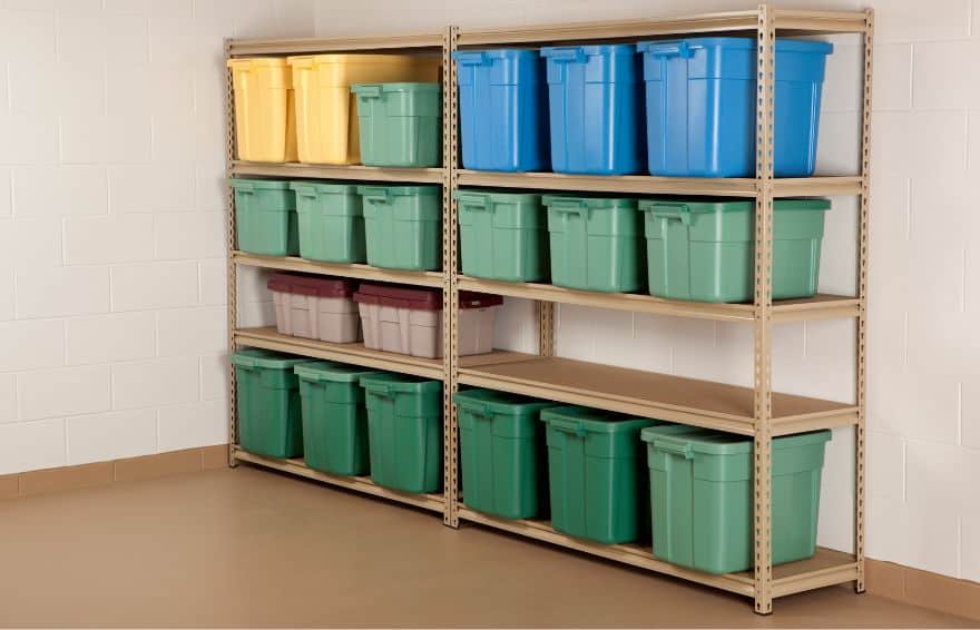 shelving holding colorful storage bins