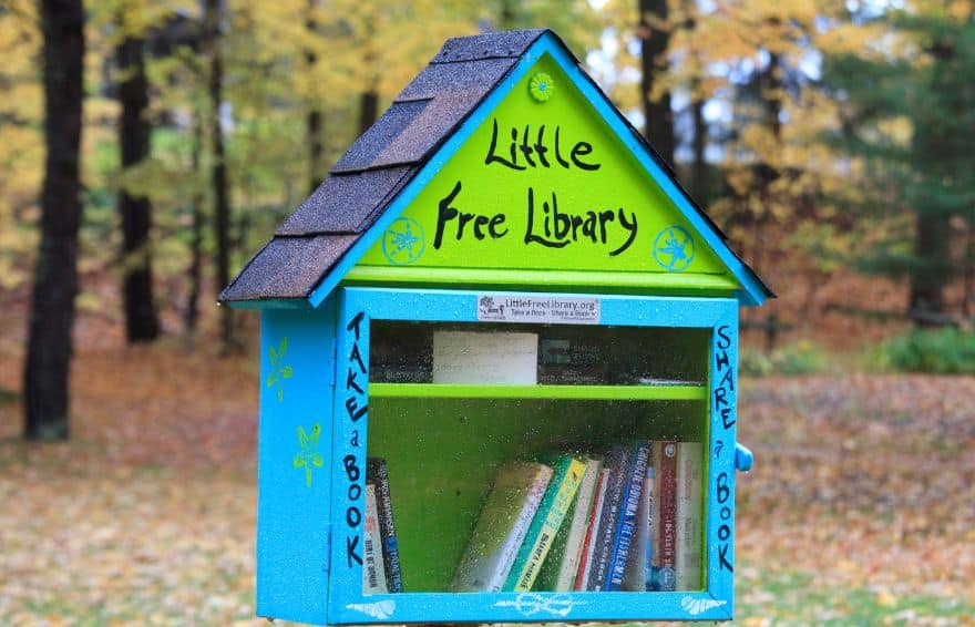 brightly painting free little library stand with books in it