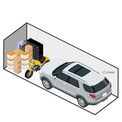 illustration of a storage unit storing a car, motorcycle, boxes and cabinets.